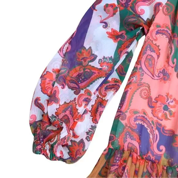Colorful Pink Paisley Floral Print Long Sleeve Short Dress L’Atiste Small Mini - Picture 4 of 14
